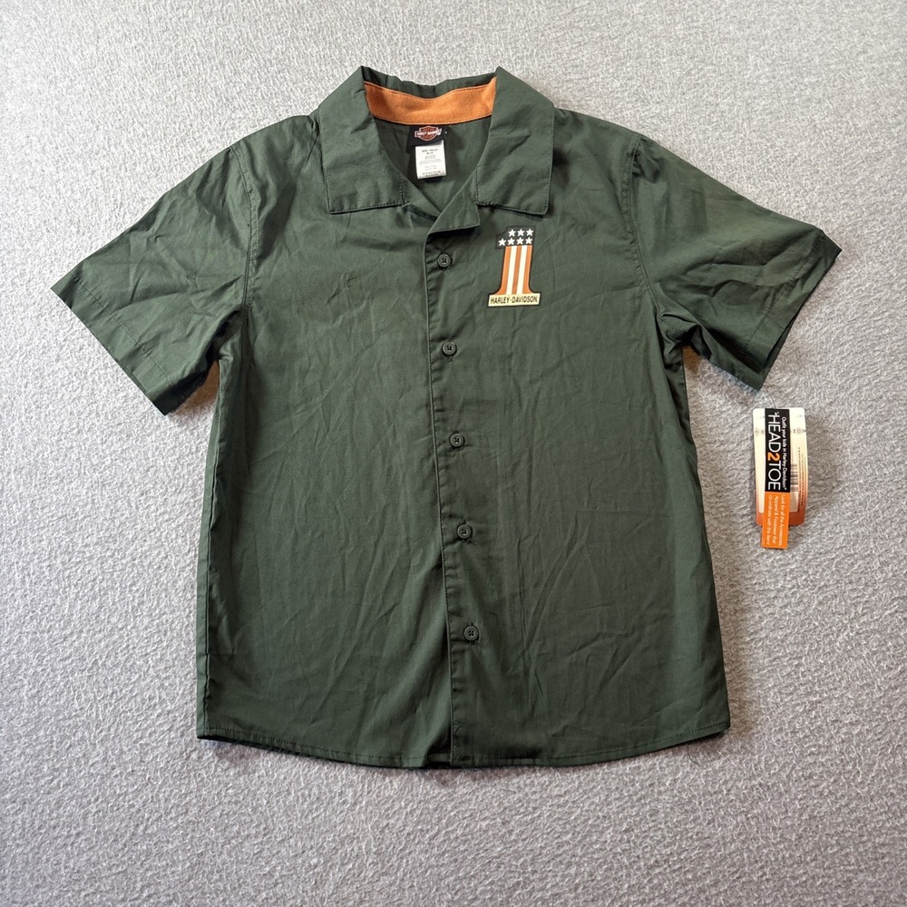 Harley Davidson Boys Short Sleeve Button Up Green Sz 8/10 Large Back Graphic NEW